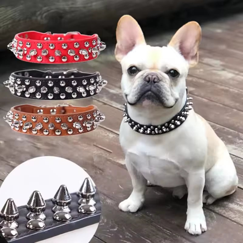 Stylish Adjustable PU Leather Dog Collar with Punk Rivets - Perfect for Small Dogs and Cats