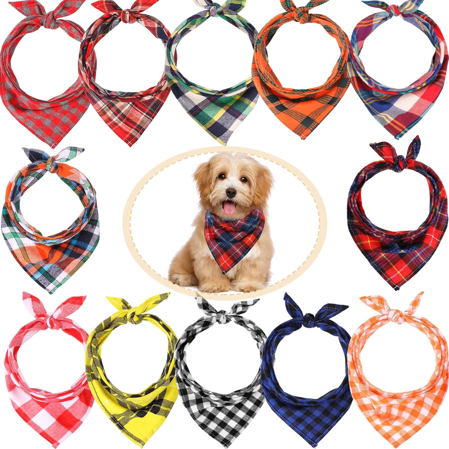 Festive 12-Piece Dog Bandana Set - Stylish Plaid Pet Scarves for Christmas and Thanksgiving - Adjustable & Washable for Medium Dogs and Cats