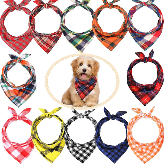 Festive 12-Piece Dog Bandana Set - Stylish Plaid Pet Scarves for Christmas and Thanksgiving - Adjustable & Washable for Medium Dogs and Cats
