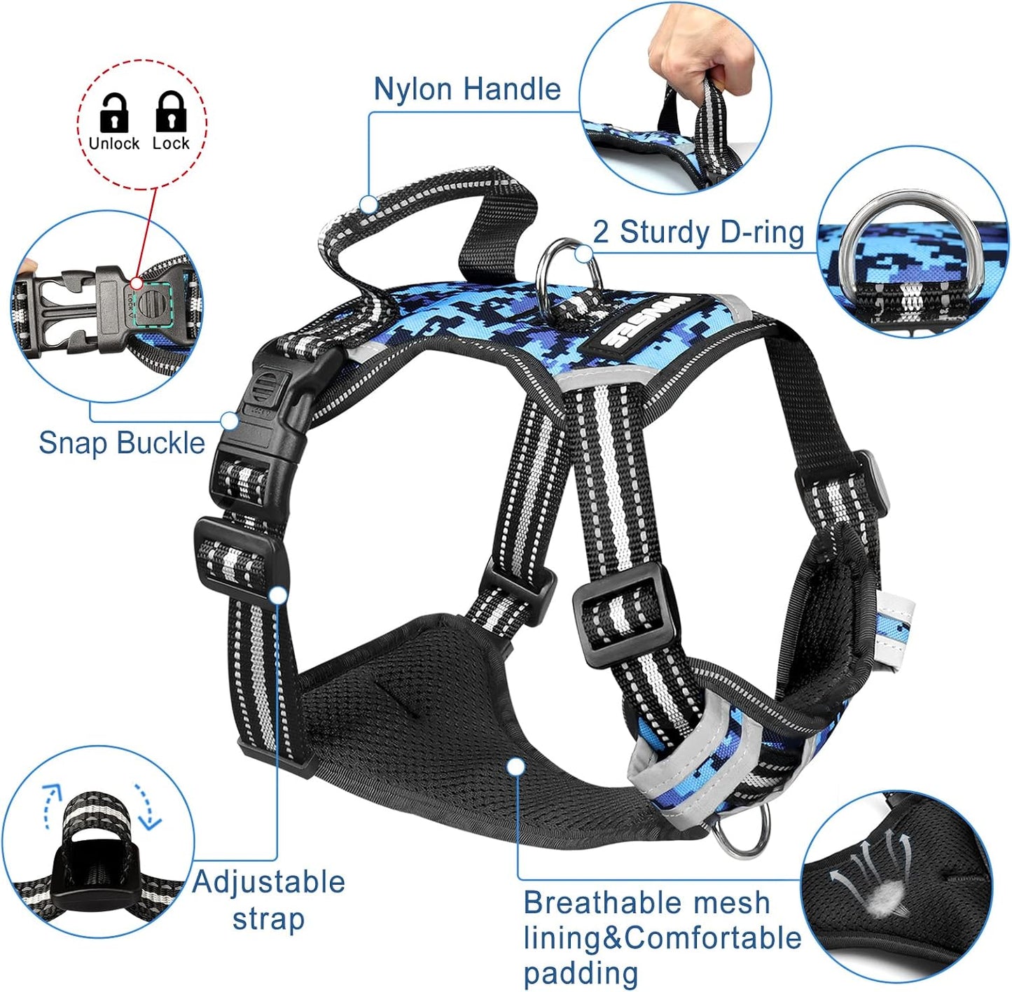 Dog Harness No Pull, Pet Harnesses with Dog Collar, Adjustable Reflective Oxford Outdoor Vest, Front/Back Leash Clips for Small, Medium, Large, Extra Large Dogs, Easy Control Handle for Walking